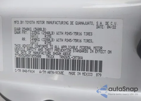 2022 Toyota Tacoma Sr5 из США, поврежденный, VIN 3TYRX5GN5NT055800